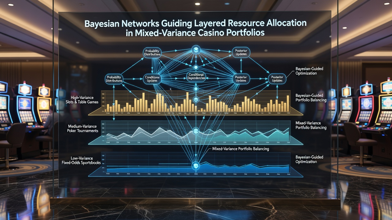 Flowchart showing layered resource allocation process using Bayesian inference for mixed casino game variances