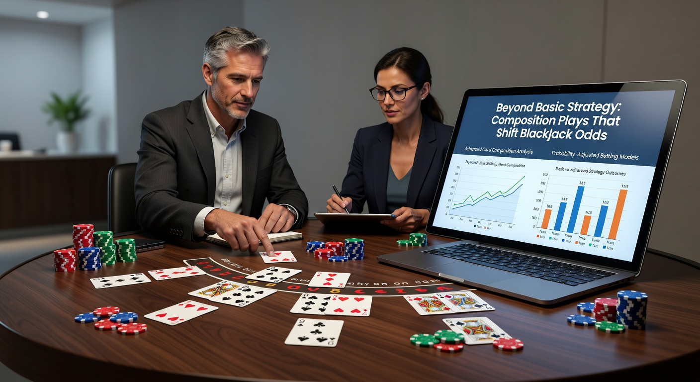 Digital simulation screen showing blackjack strategy matrices with highlighted composition-dependent deviations for hands like 9-7 and 10-6