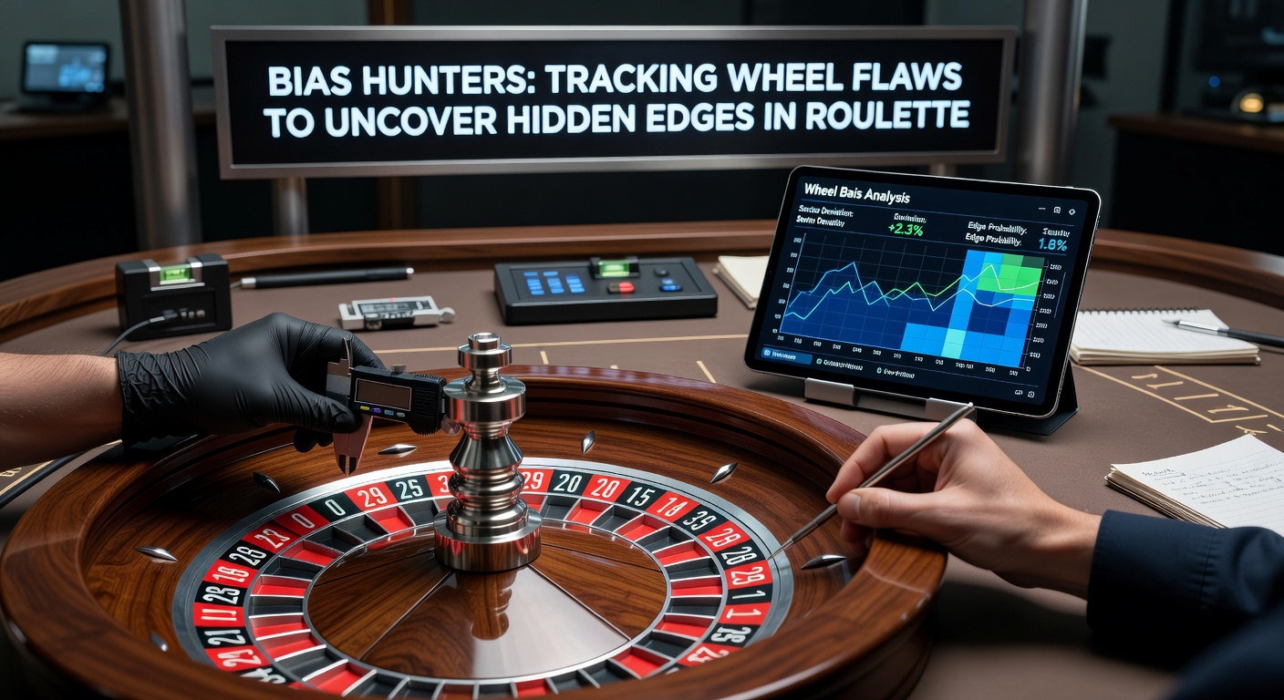 Tracker notebook with handwritten roulette spin logs, charts, and statistical calculations beside a casino roulette table