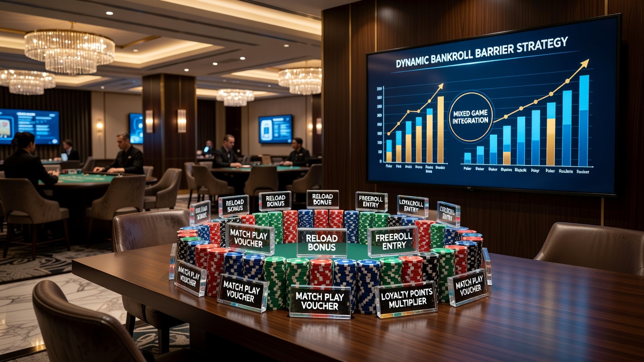 Player reviewing bankroll charts on a tablet beside casino chips during mixed game play