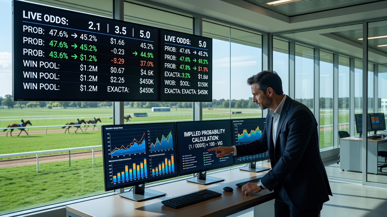 Live tote board displaying shifting odds during a thoroughbred race meet with parimutuel pool indicators