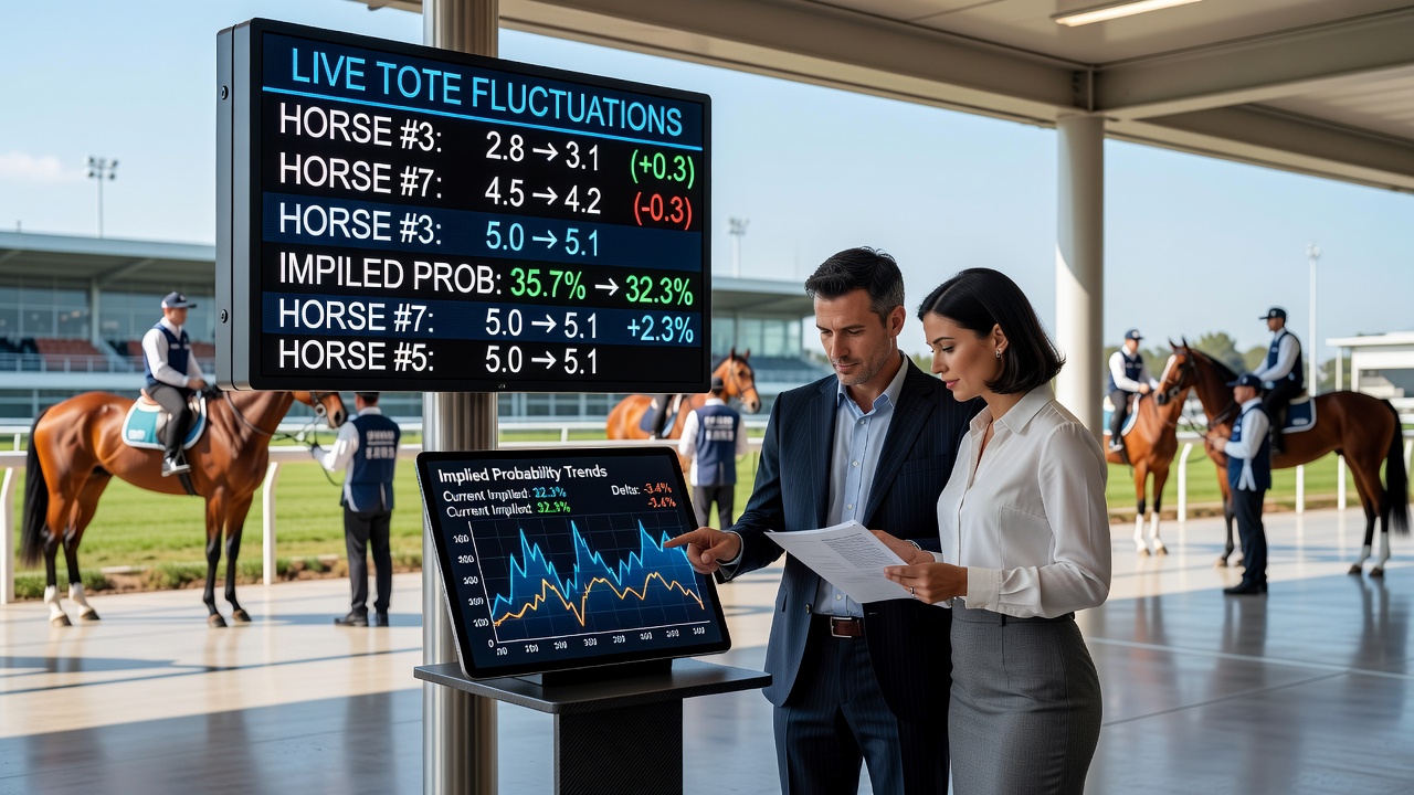 Detailed view of layered parimutuel tote displays showing win, place and exotic pool percentages during a race