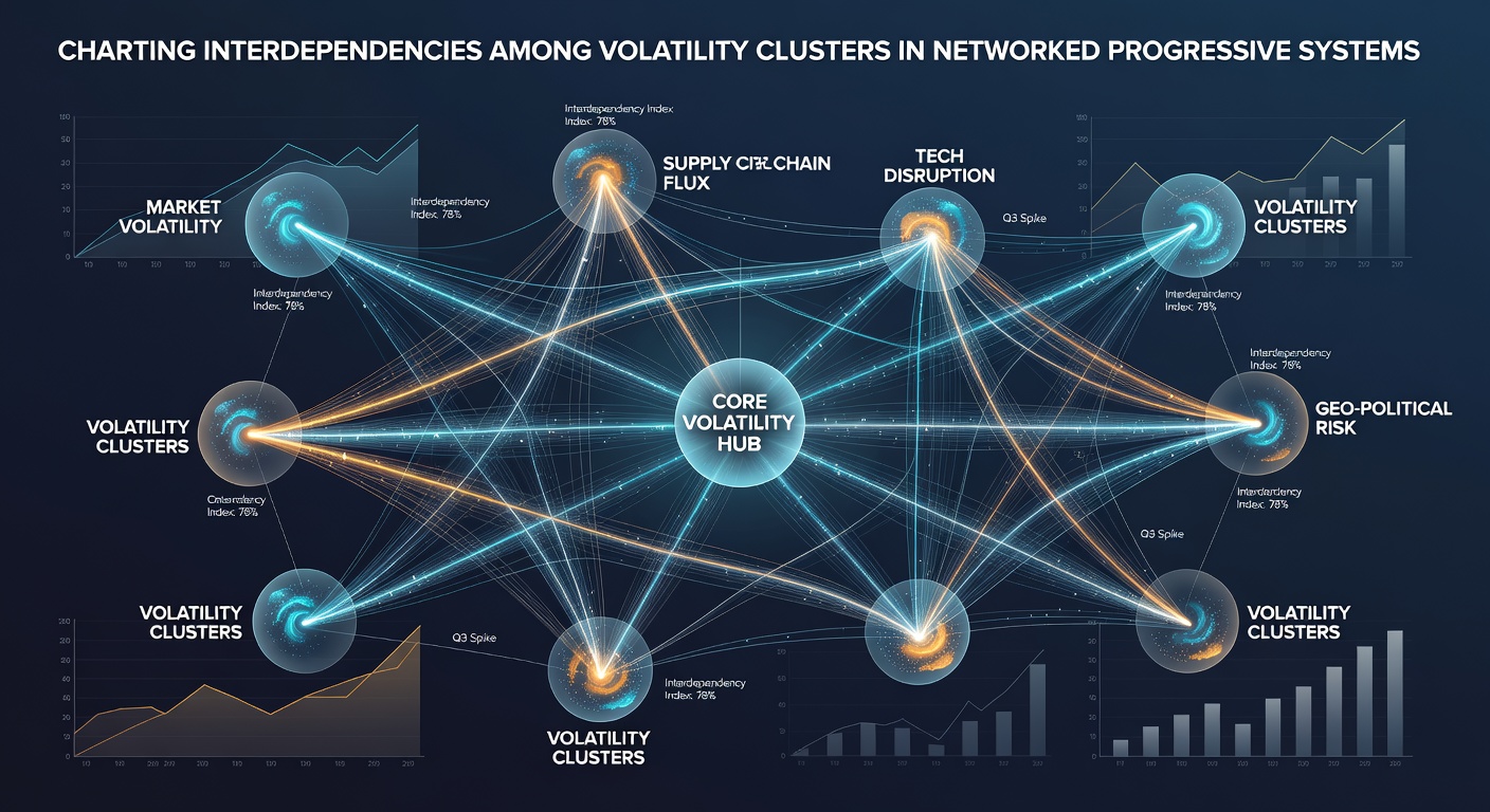 Network graph visualization with nodes colored by volatility cluster and weighted edges showing dependency strength