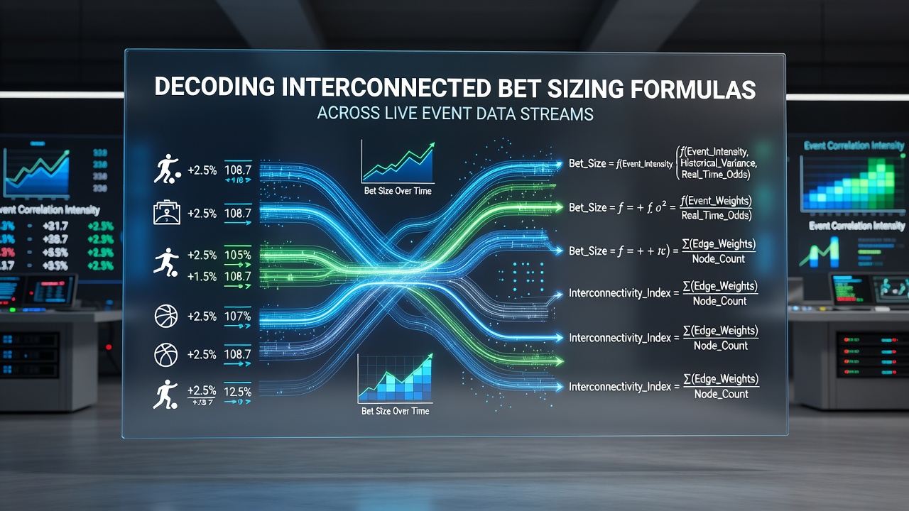 Visualization of interconnected bet sizing formulas processing live event data streams in real time