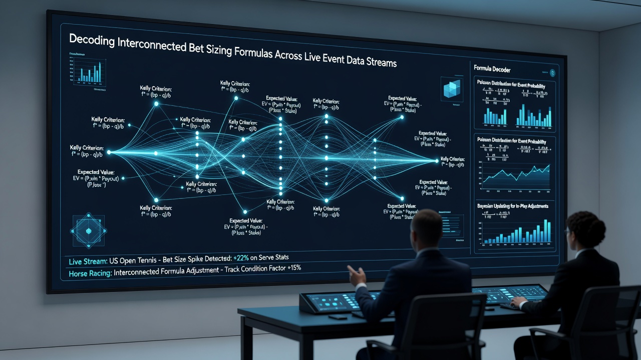 Diagram showing data pipeline connections between live event streams and multiple bet sizing algorithms