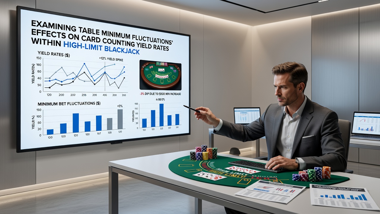 Card counting simulation chart overlaid on blackjack table layout with betting progression examples