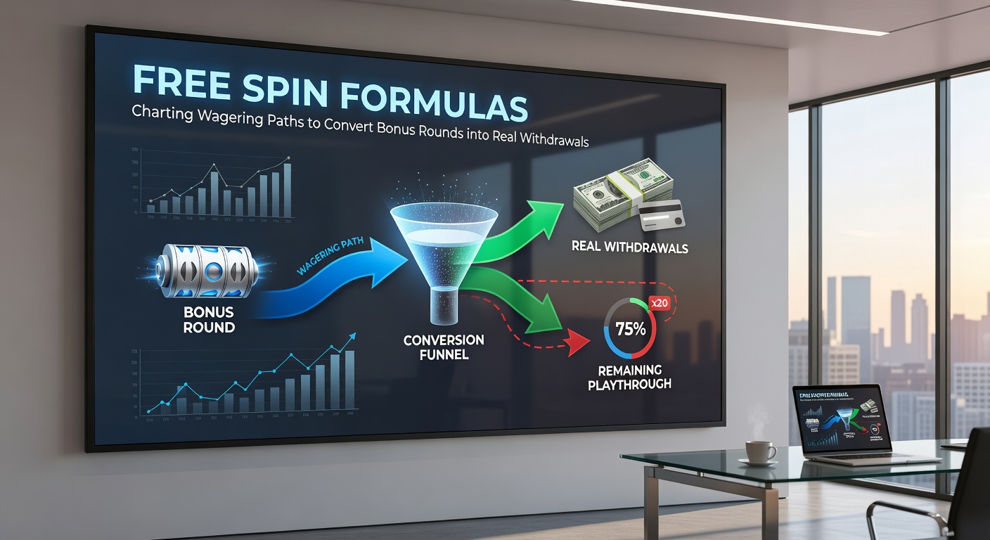 Infographic chart showing wagering requirement progress bars, bet size curves, and bankroll trajectories during free spin bonus conversion