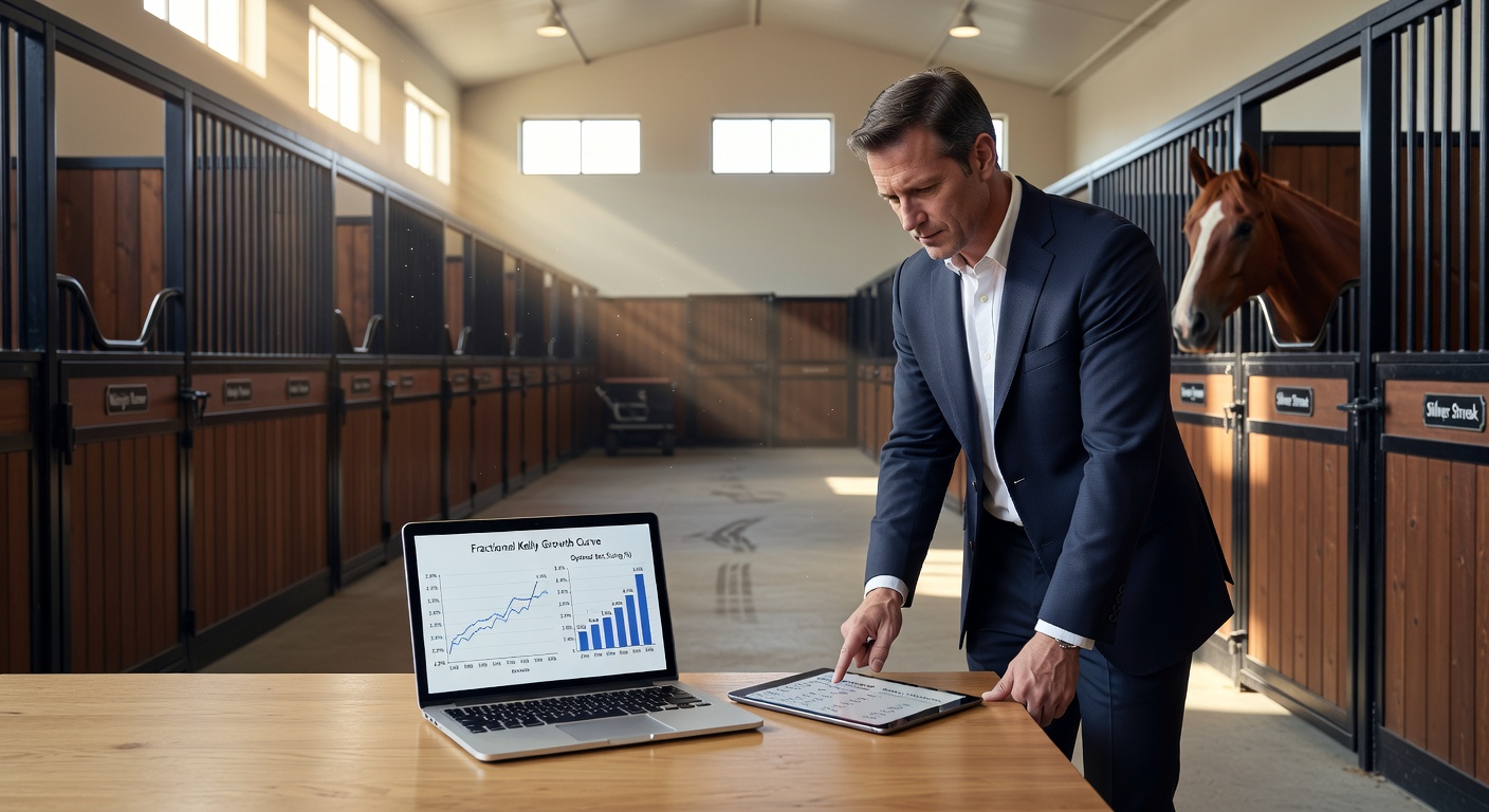 Close-up of a bettor's notebook filled with Kelly Criterion calculations, odds charts, and horse profiles, beside a laptop screen displaying racing software