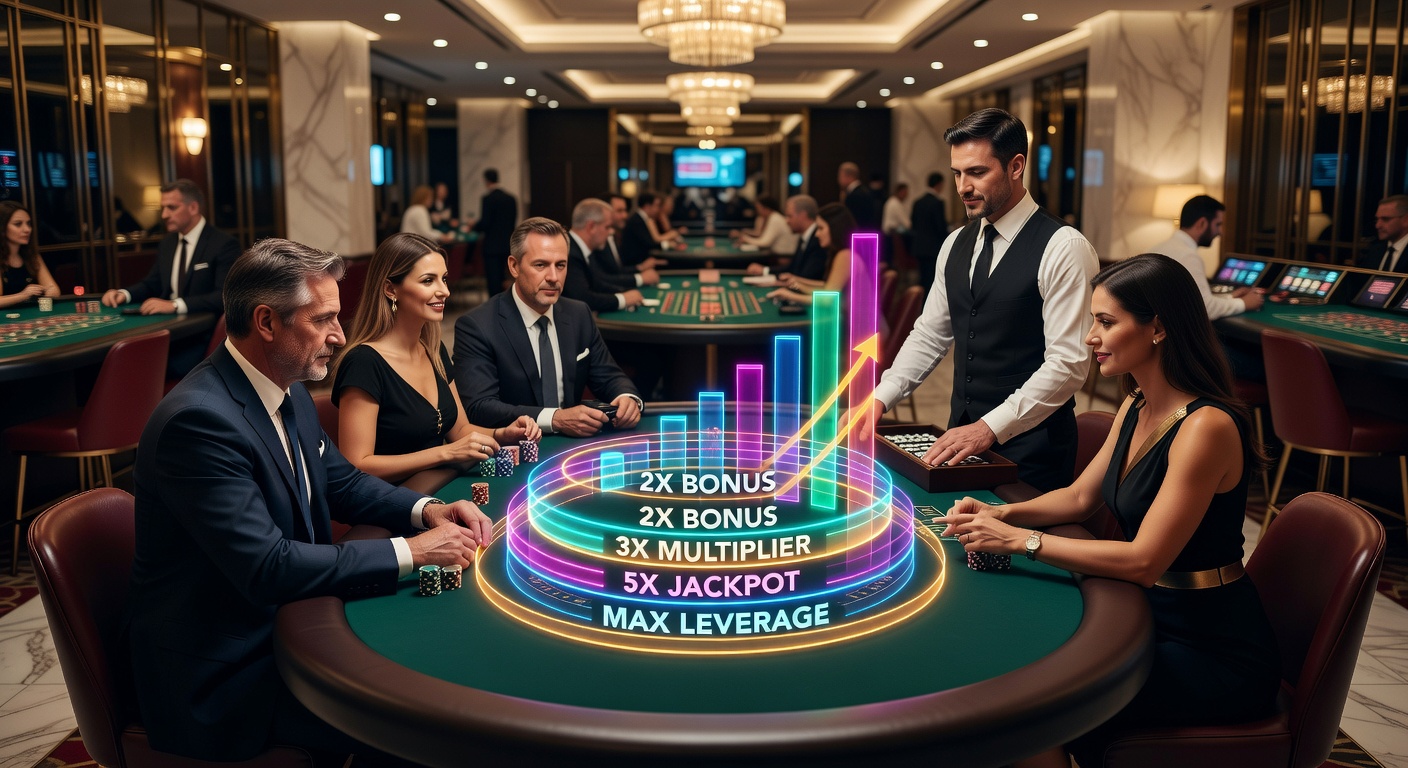 Casino table games layout with blackjack, roulette, and baccarat tables showing promotional banners for bonus multipliers