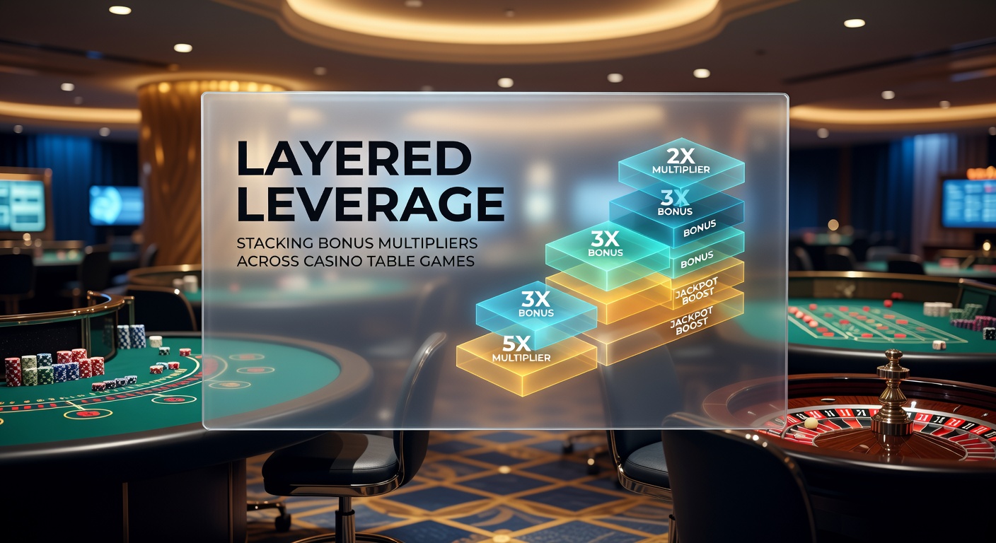Close-up of a player's hand placing chips on multiple casino tables with overlaid graphics illustrating stacking multipliers from 1x to 6x