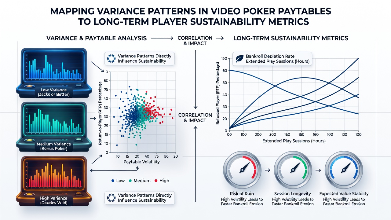 Graph showing variance curves plotted against session length for multiple video poker paytable variants