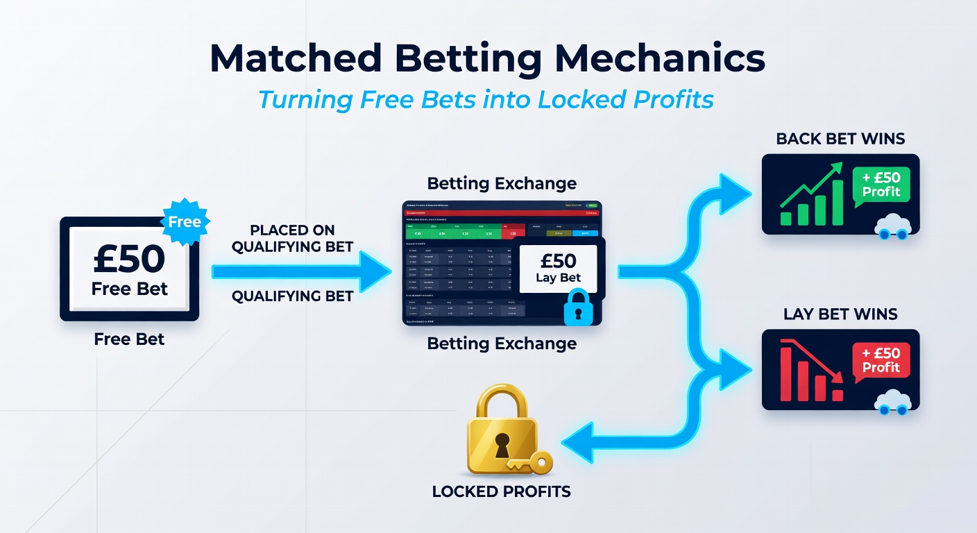Diagram illustrating back and lay bets on a betting exchange, showing balanced stakes for risk-free outcomes