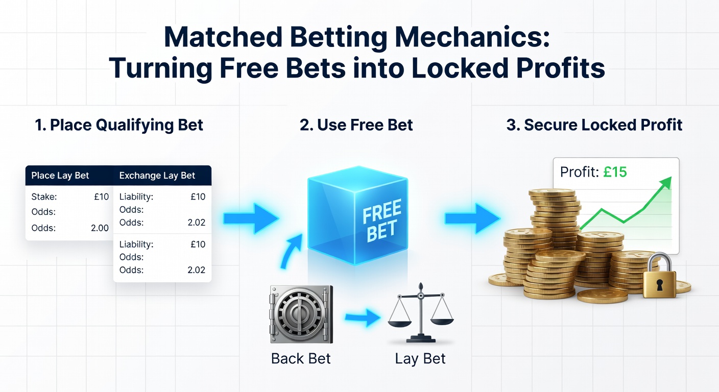 Screenshot of a matched betting calculator displaying stakes, liabilities, and projected free bet profit for a football match
