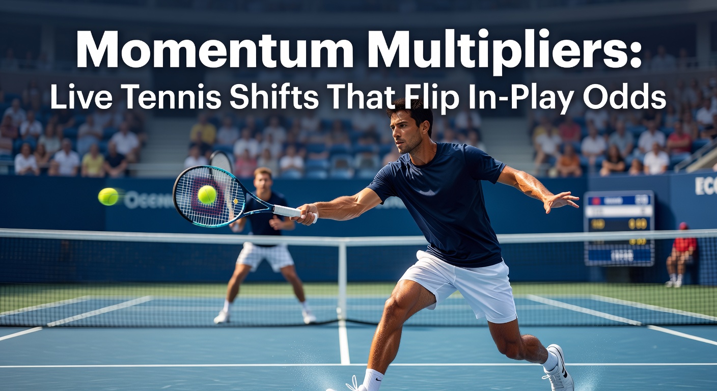 A dynamic tennis match showing a player celebrating a momentum-shifting point during a live ATP tournament, with scoreboard reflecting rapid odds changes in the background