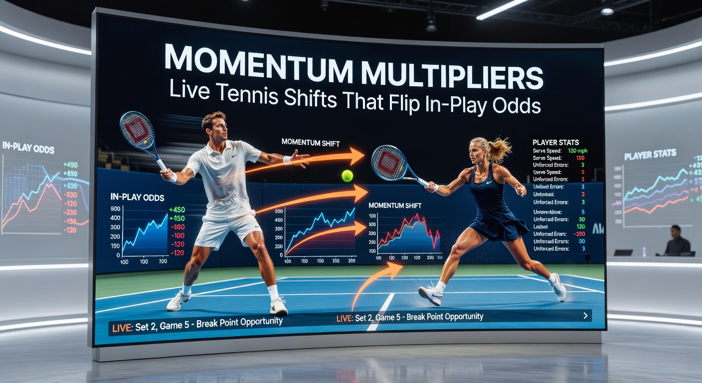 Close-up of a tennis player mid-serve during a crucial momentum shift in a live match, with overlaid graphics showing in-play odds plummeting from 3.50 to 1.80