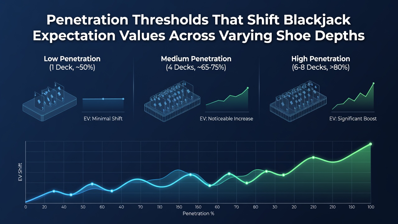 Blackjack shoe penetration analysis showing expectation value shifts at different deck depths