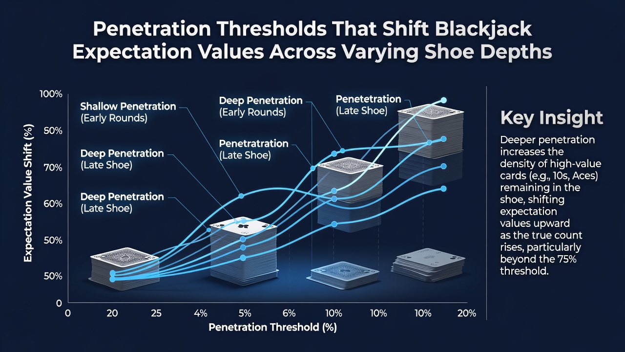 Chart illustrating expectation value curves for different shoe penetration levels in blackjack