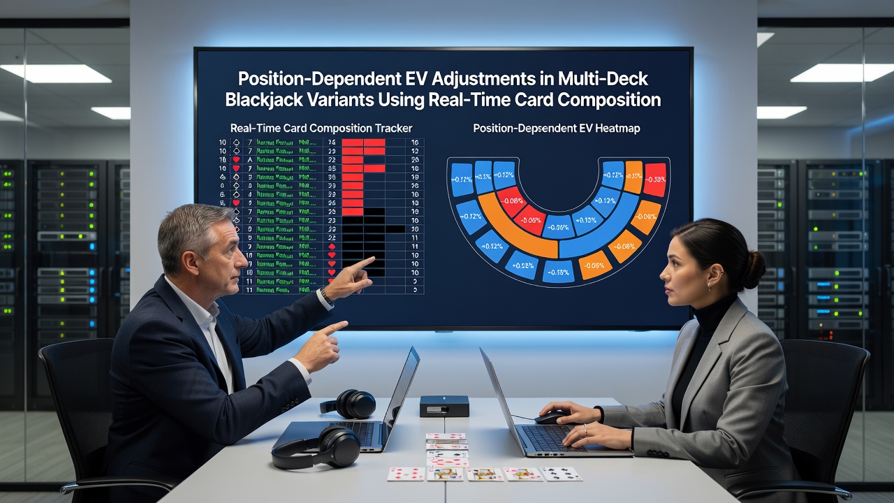 Close-up of digital card-composition display used by advanced blackjack players at a casino table