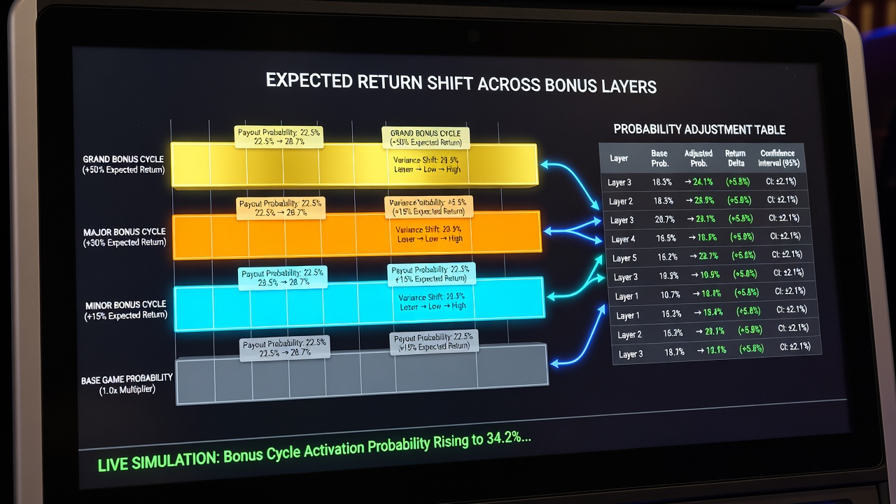 Illustration of layered bonus cycle flow in video poker with probability overlays