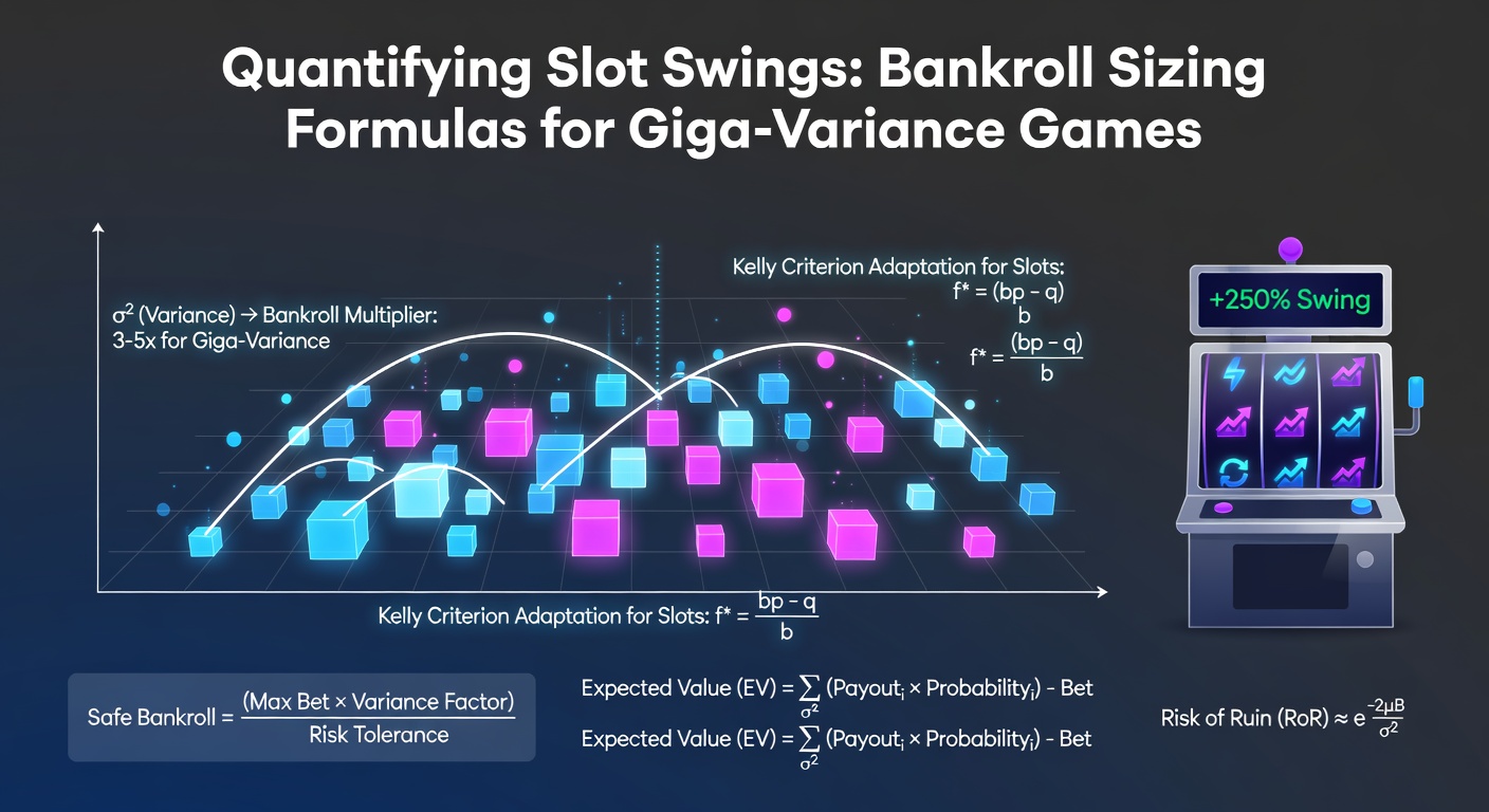 Graph showing extreme volatility swings in a high-variance slot machine payout distribution, with long tails representing massive wins and deep drawdowns