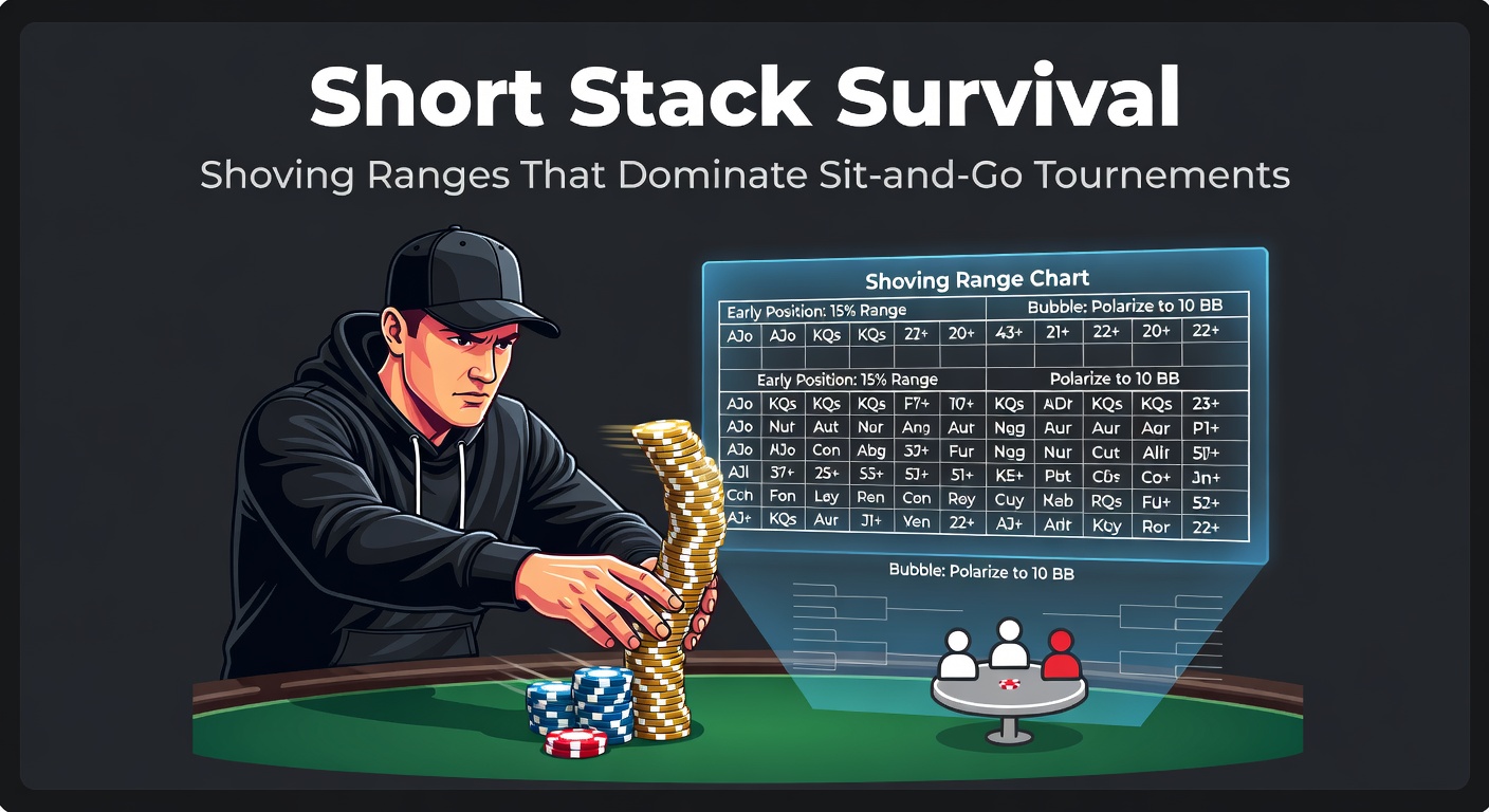 Detailed push-fold range chart displaying color-coded hand matrices for various stack sizes and positions in Sit-and-Go tournaments