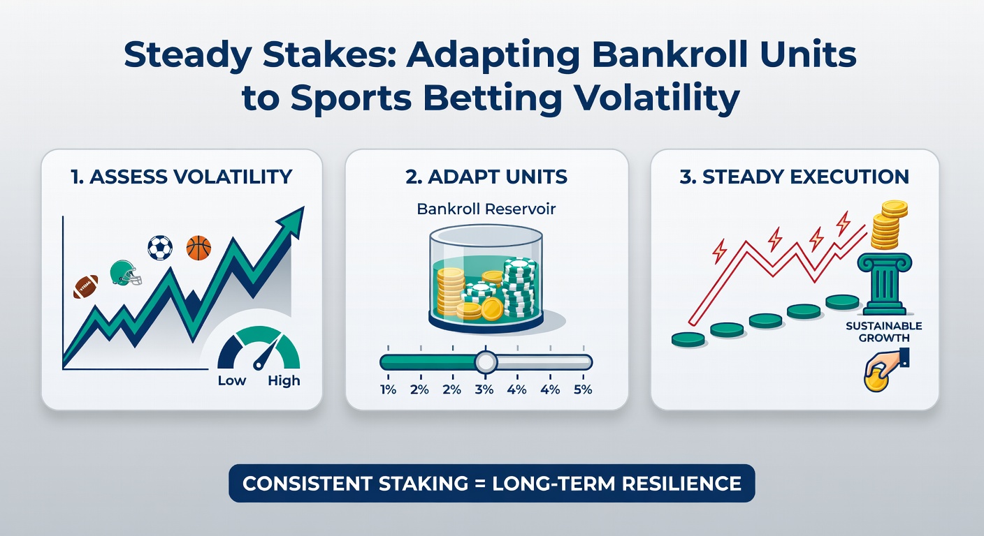 Infographic illustrating unit size adjustments on a sliding scale from conservative 0.5% to aggressive 3%, tied to volatility ratings for different sports