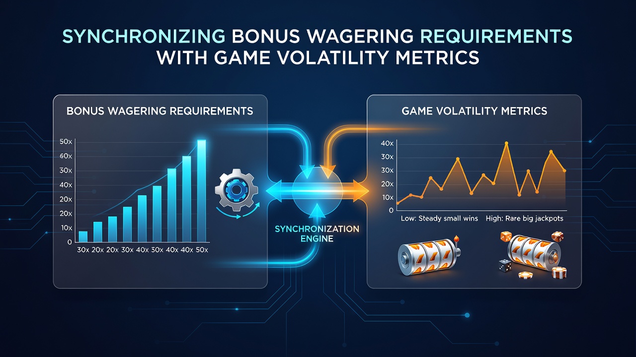Diagram showing how bonus wagering multipliers align with different game volatility categories in digital casino environments