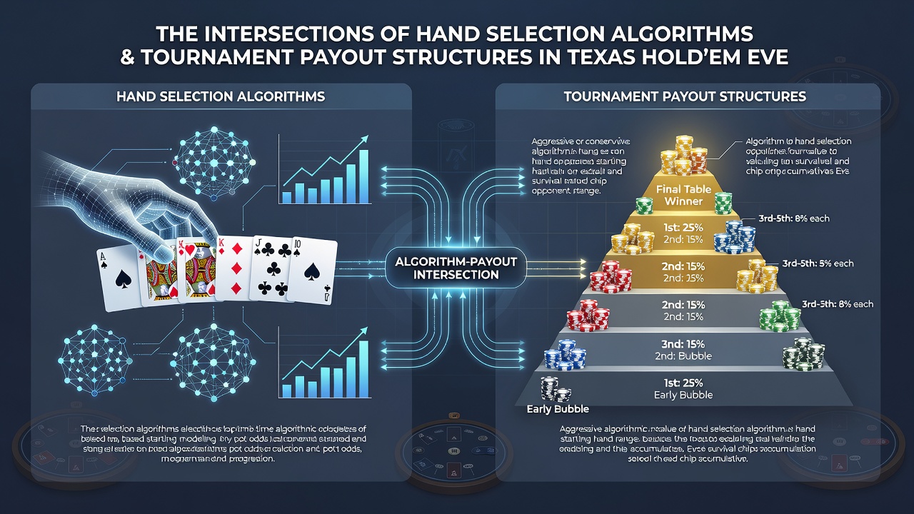 Digital interface displaying poker hand ranges and payout structure calculations during a live tournament