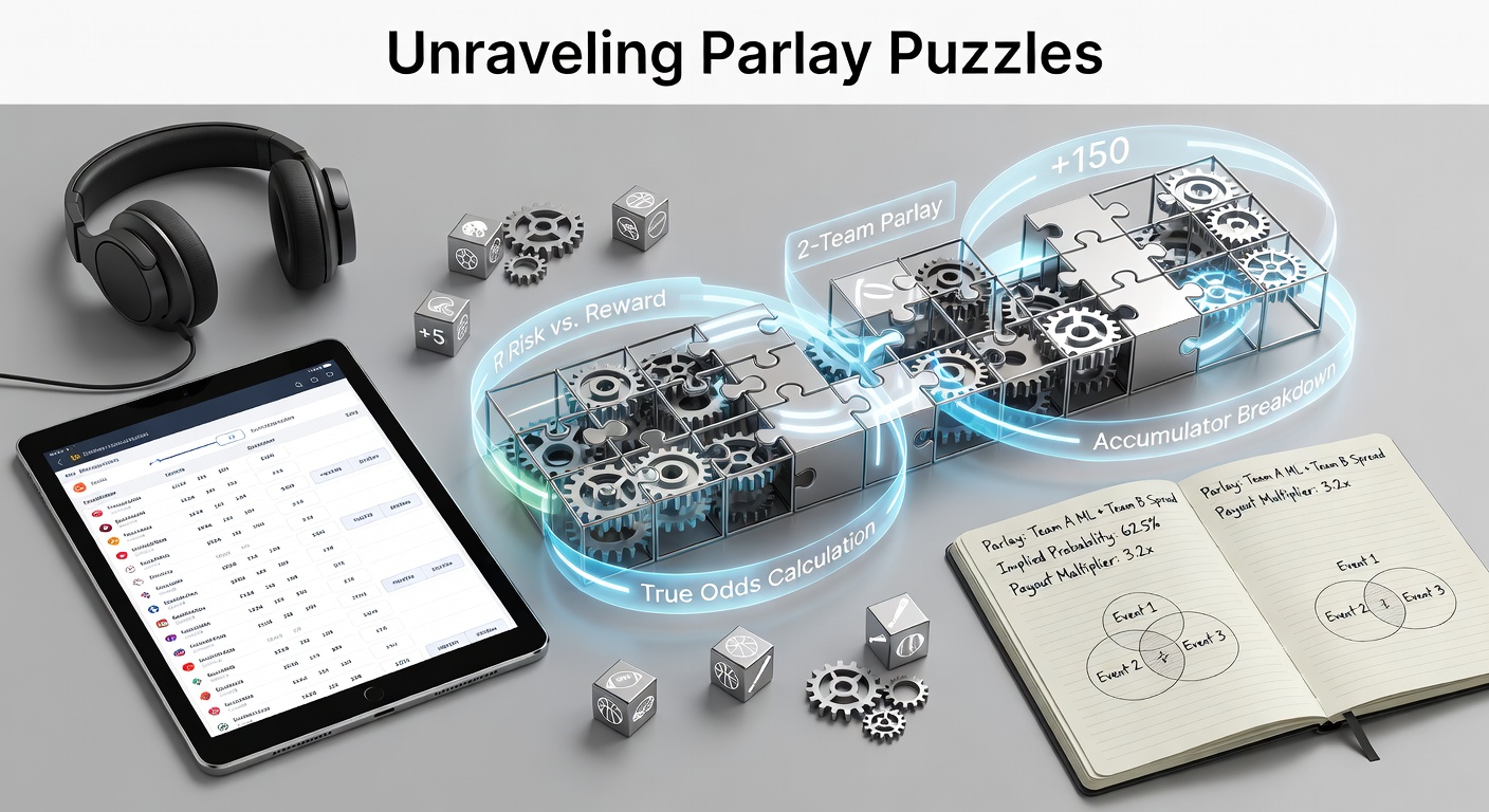Visual breakdown of intertwined parlay bet legs showing odds multiplication in sports like football and basketball