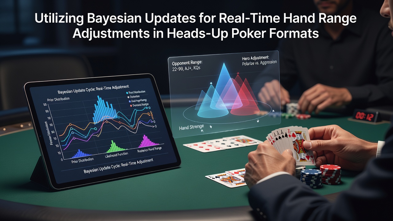 Poker player analyzing hand ranges on a digital interface during heads-up play