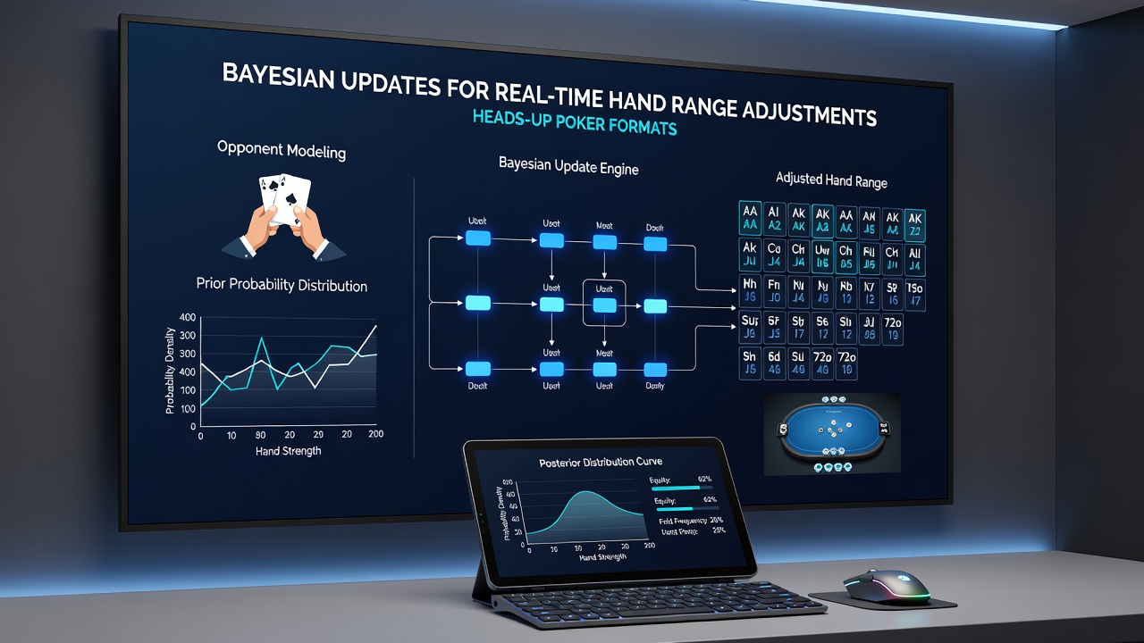 Detailed poker software dashboard displaying Bayesian range updates in heads-up format