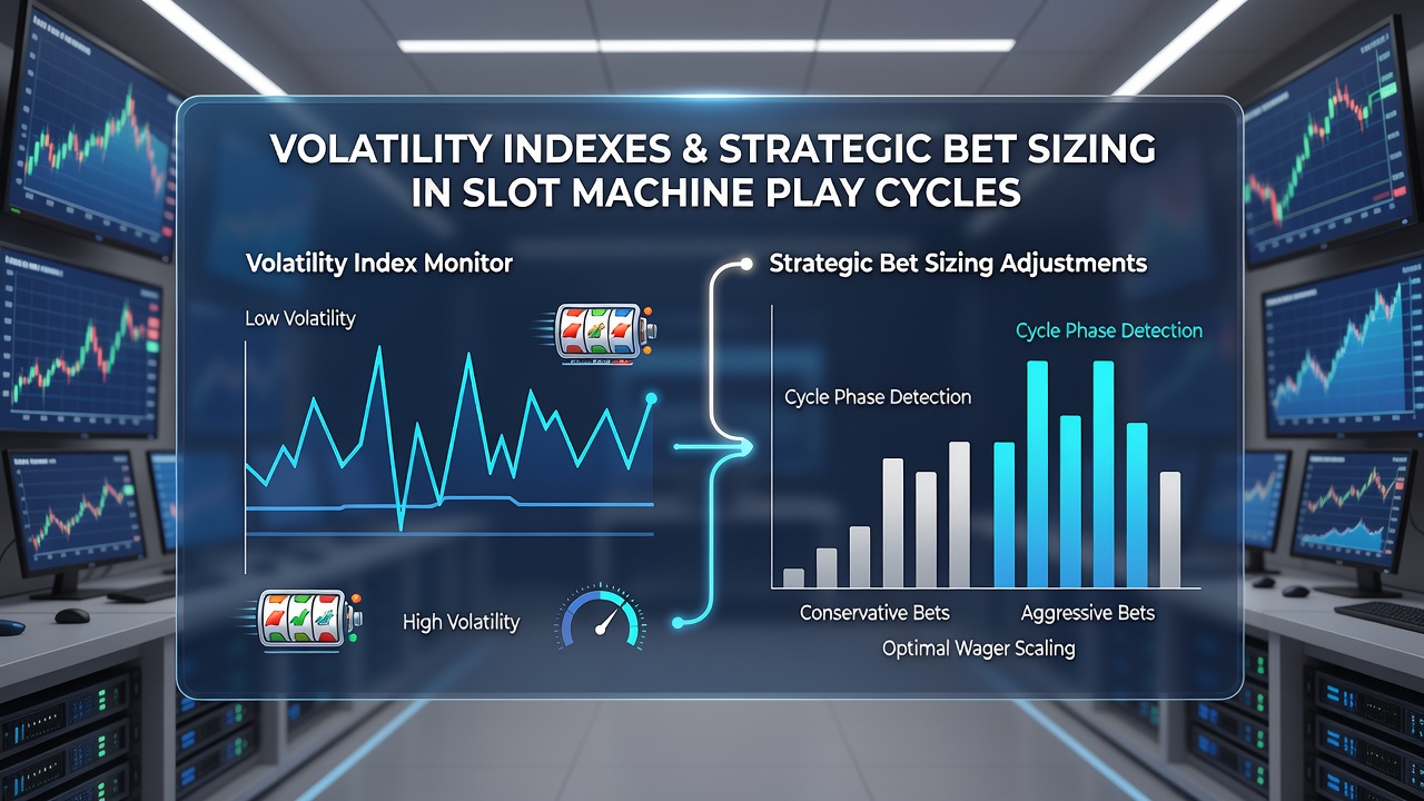 Infographic illustrating bet sizing adjustments based on low medium and high slot volatility indexes during extended play cycles