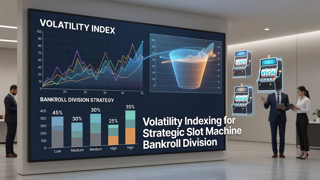 Slot machine interface displaying volatility metrics and bankroll allocation charts on a digital screen