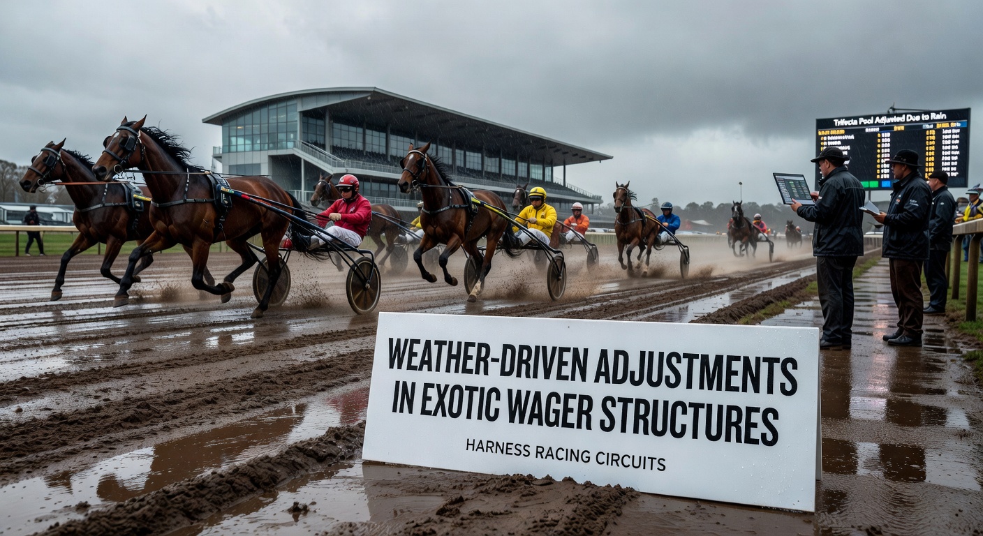 Harness racing track under varying weather conditions with sulkies in motion